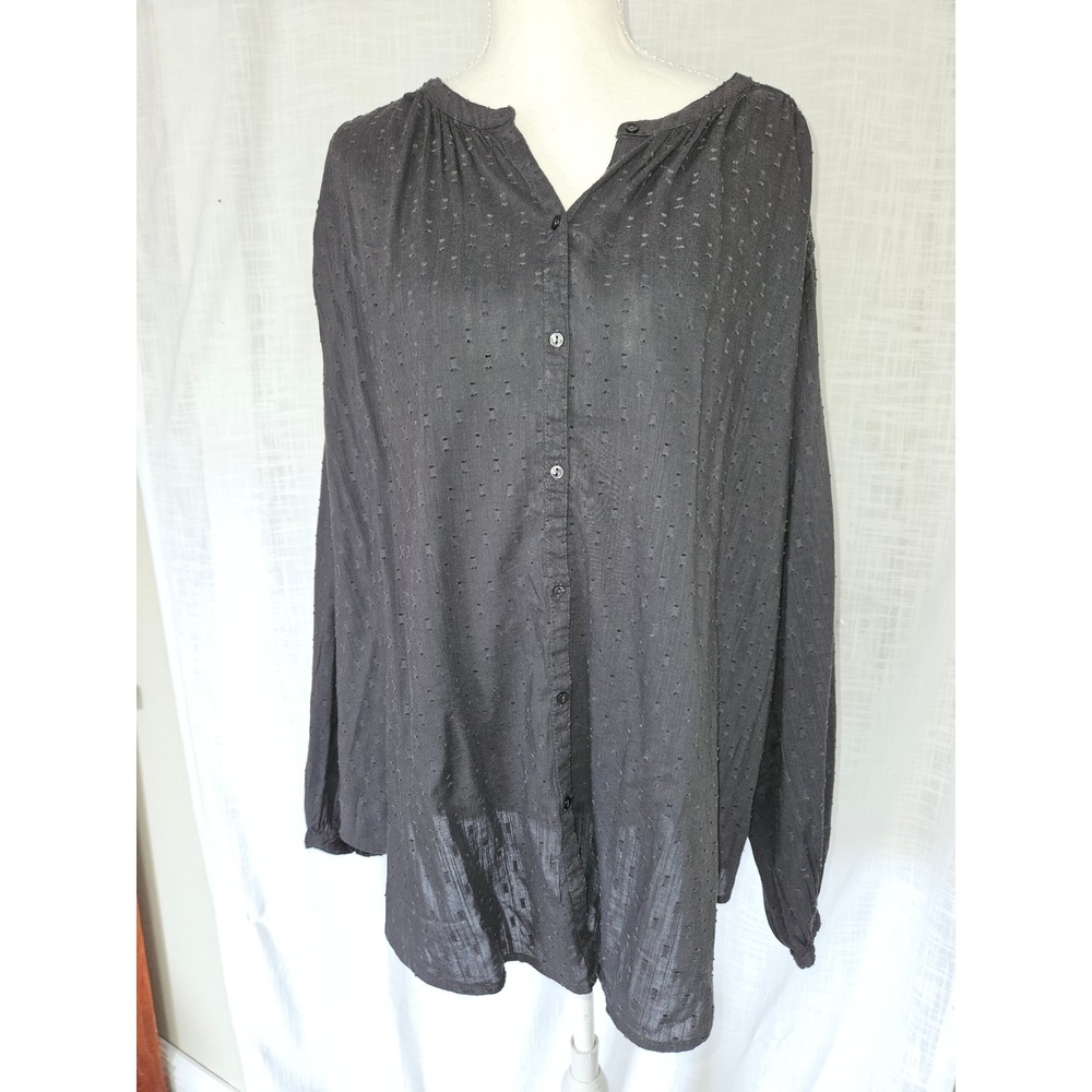 Old Navy Top Women XL Black Smocked Button Down Shirt Peasant Relaxed Fit Office